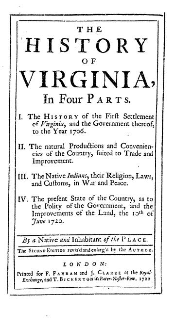 Cover of "The History of Virginia in Four Parts" by a Native and Inhabitant of the Place, second edition published in 1722