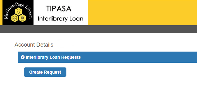 Create Request button in Tipasa is located under the Interlibrary Loan Requests bar