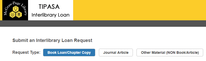 Image shows request type buttons under Submit an Interlibrary Loan Request text