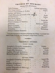 page image of 1839 R-MC Catalog indicating the Course of Study for the Preparatory Department and the Freshman Class