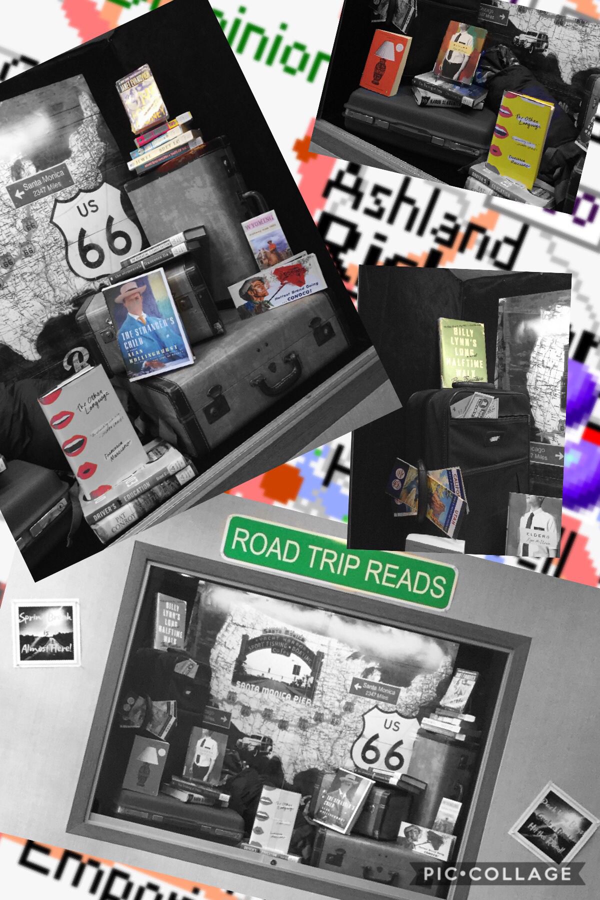 A collage of images showing the road trip spring break exhibit in the library vestibule