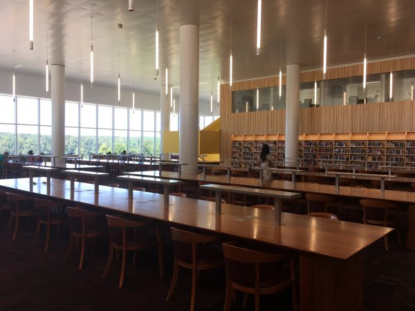 Picture of study tables at the reading room in the Hunt Library, NCSU